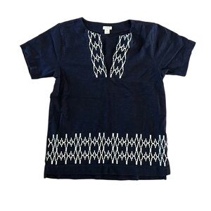 J Crew Women’s Navy Blue Embroidered Boho Tunic Top Cotton XS